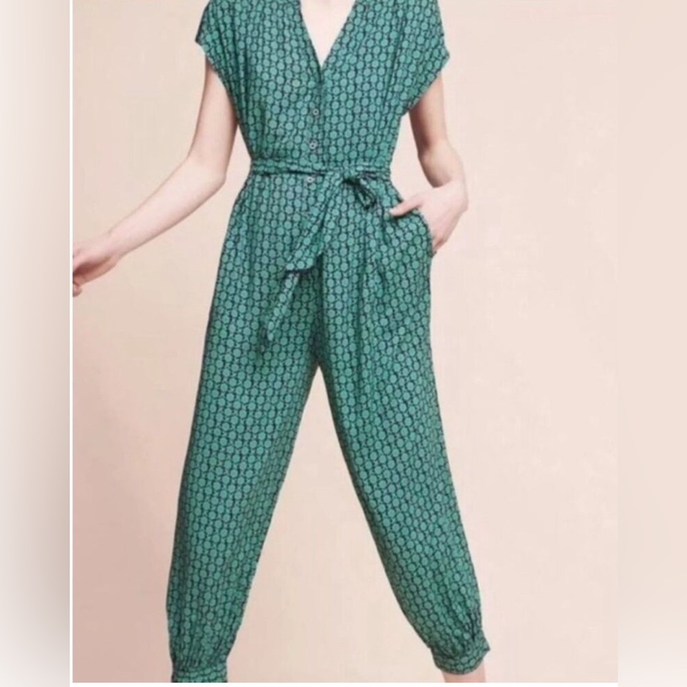 Anthropologie Maeve blue Green Geoscope button up belted Jumpsuit, Medium